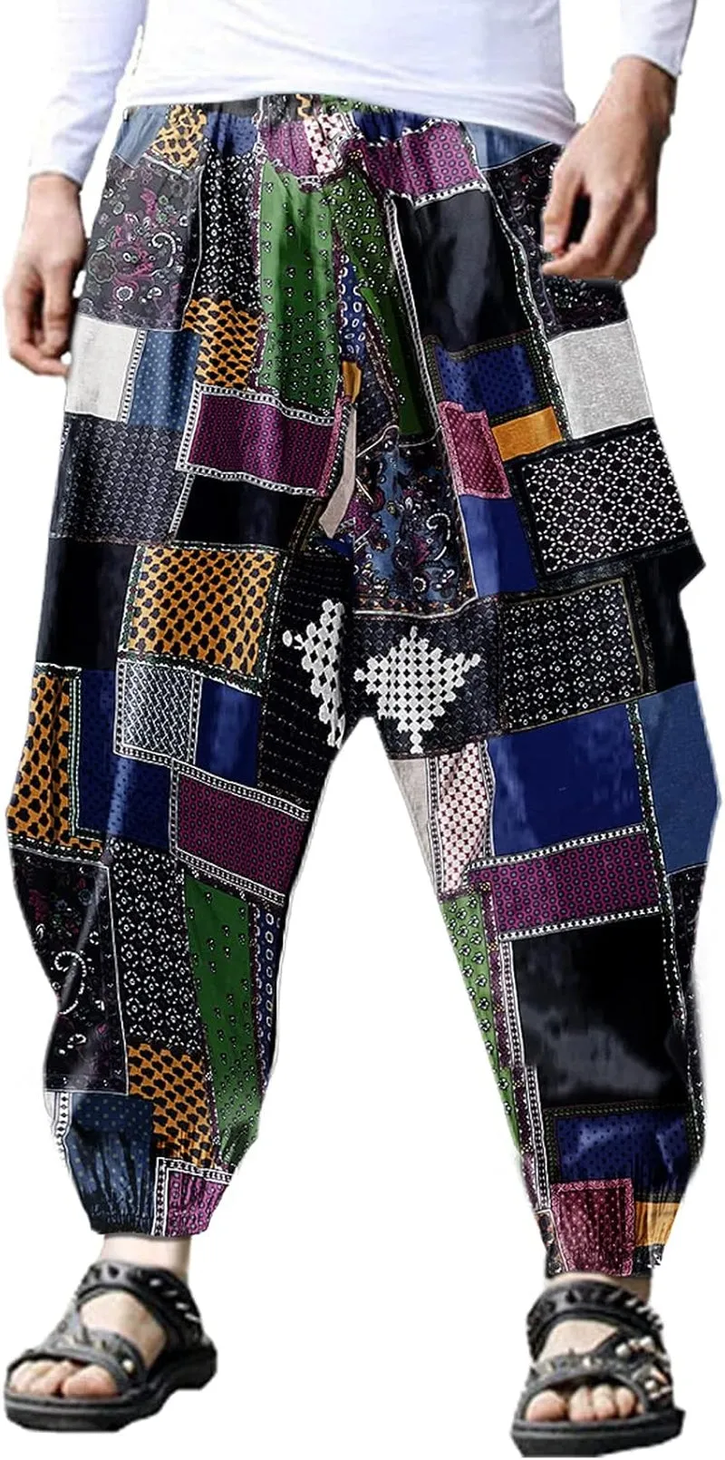 Men'S Harem Pants Loose Stretchy Waist Casual Hippie Trousers