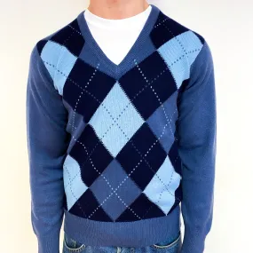 Men's Scottish Stone Blue Diamond Cashmere V-Neck Jumper Small