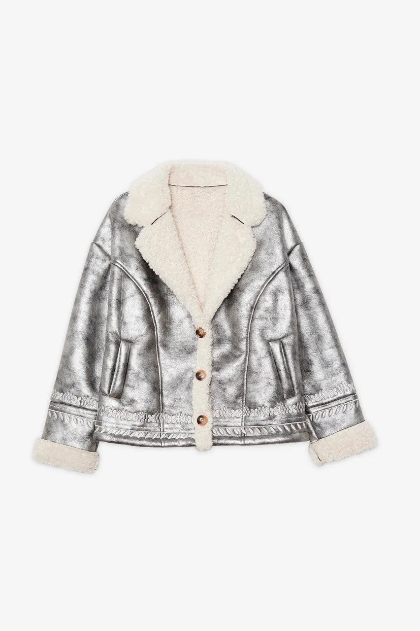 Metallic Jacket with Shearling Lining - Silver