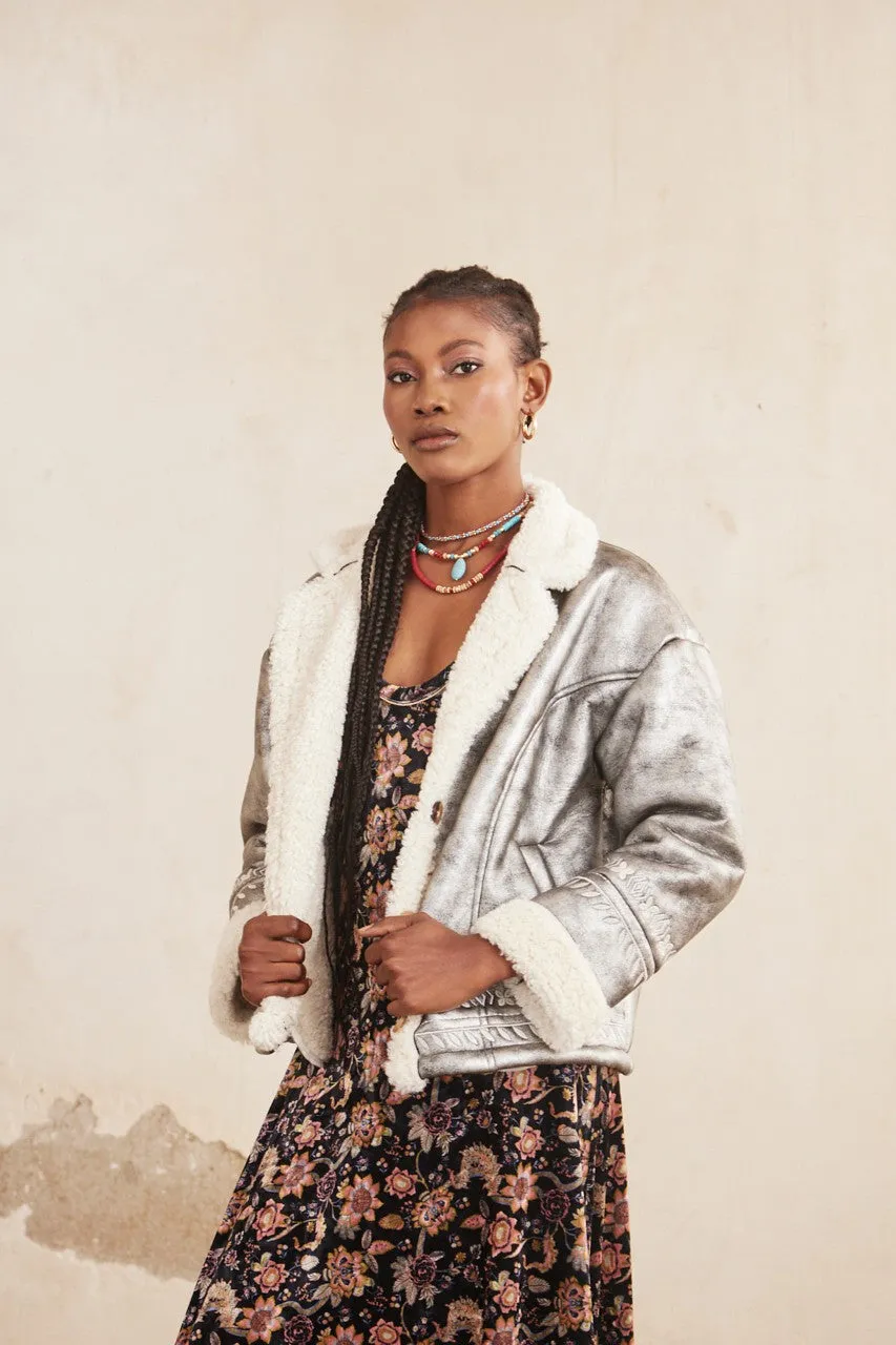 Metallic Jacket with Shearling Lining - Silver