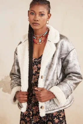 Metallic Jacket with Shearling Lining - Silver