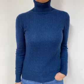 Midnight Blue Cable Cashmere Polo Neck Jumper Medium
