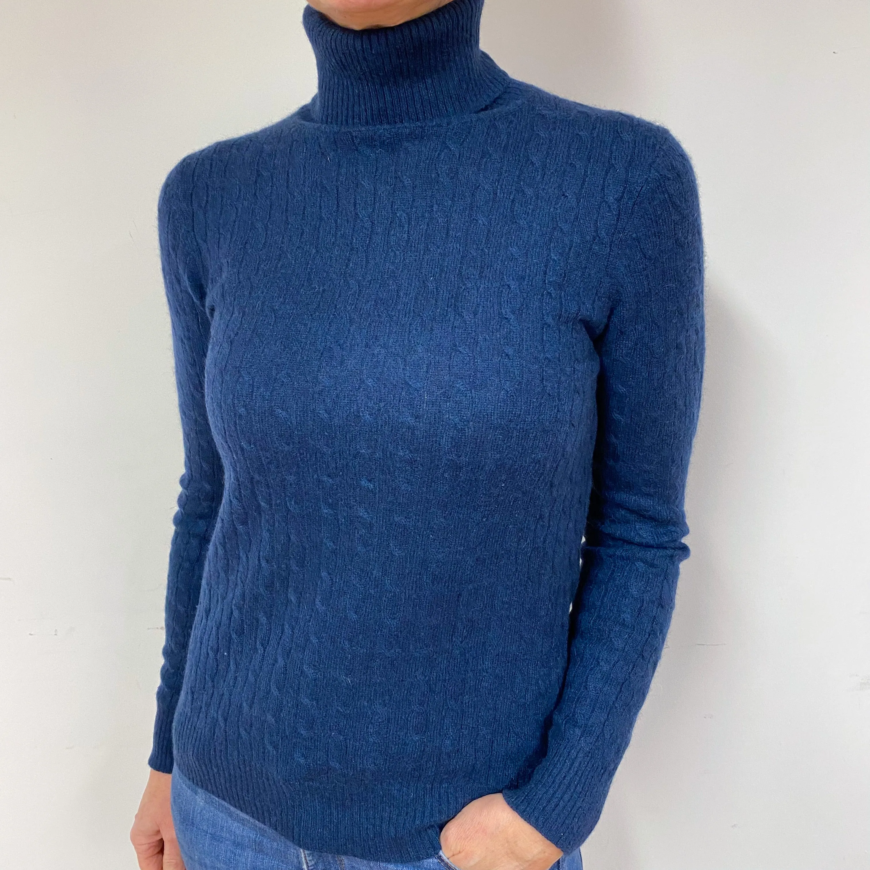 Midnight Blue Cable Cashmere Polo Neck Jumper Medium