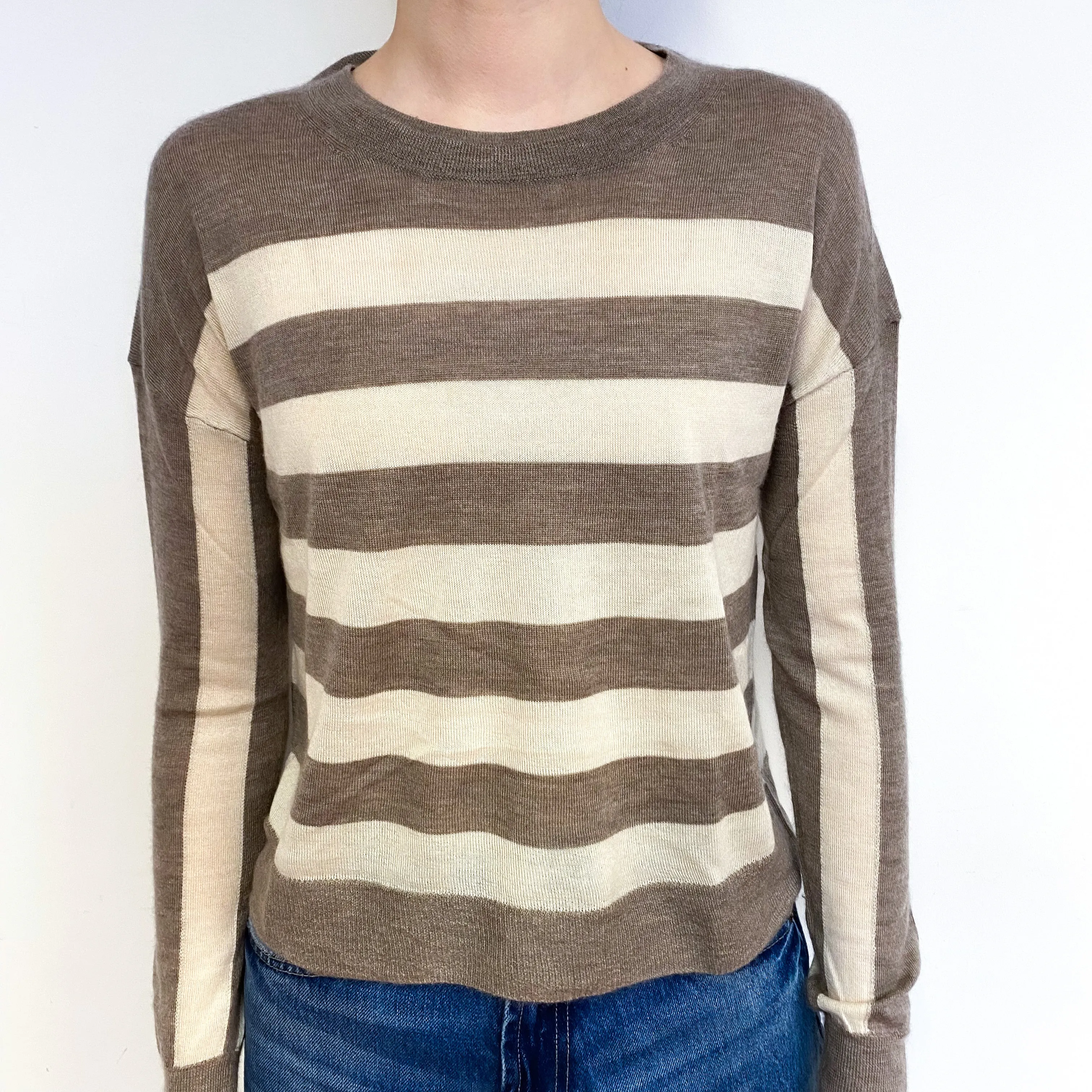 Mocha Stripe Fine Knit Cashmere Crew Neck Jumper Extra Small