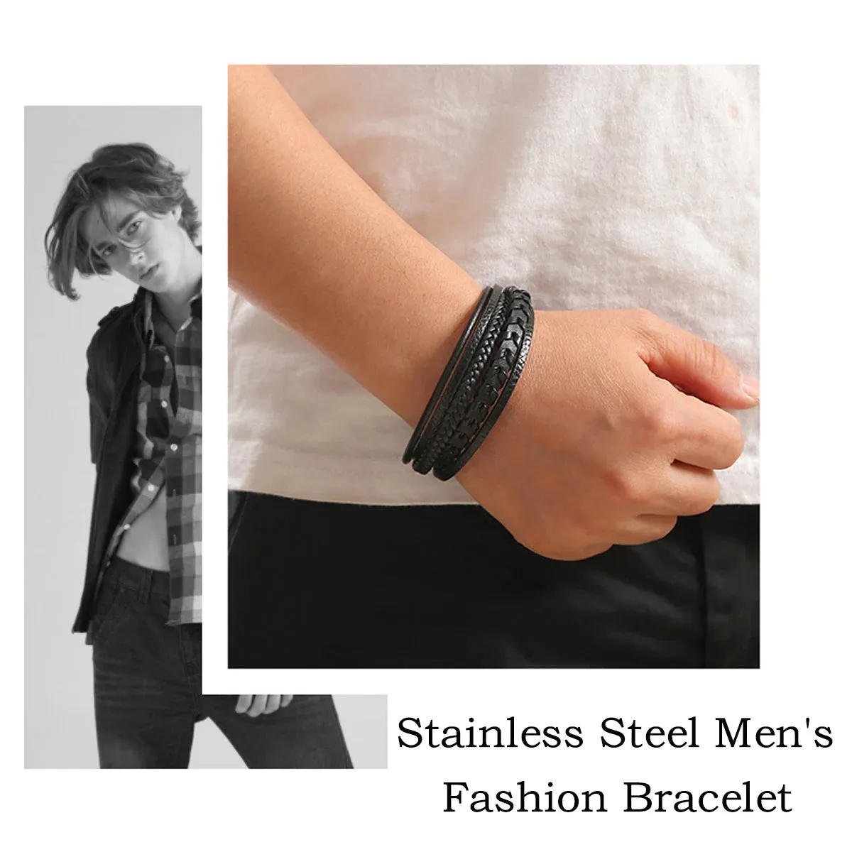 Multi Layer Vintage Leather Braided Rope Bracelets for Men Alloy Magnetic Buckle High Quality Fashion Accessory