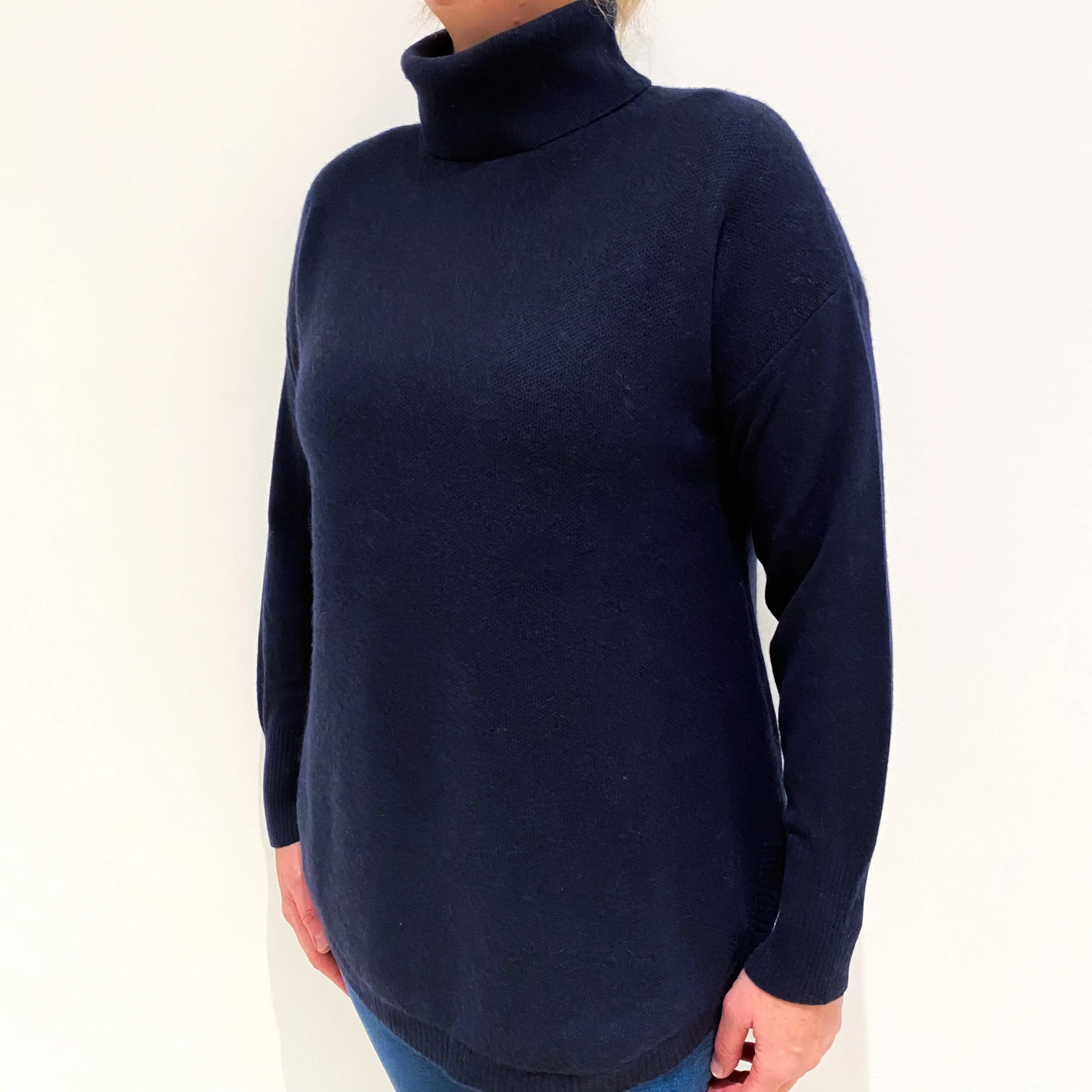Navy Blue Heavy Knit Cashmere Polo Neck Jumper Large