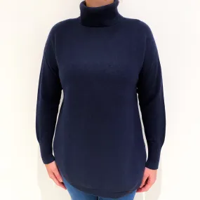 Navy Blue Heavy Knit Cashmere Polo Neck Jumper Large