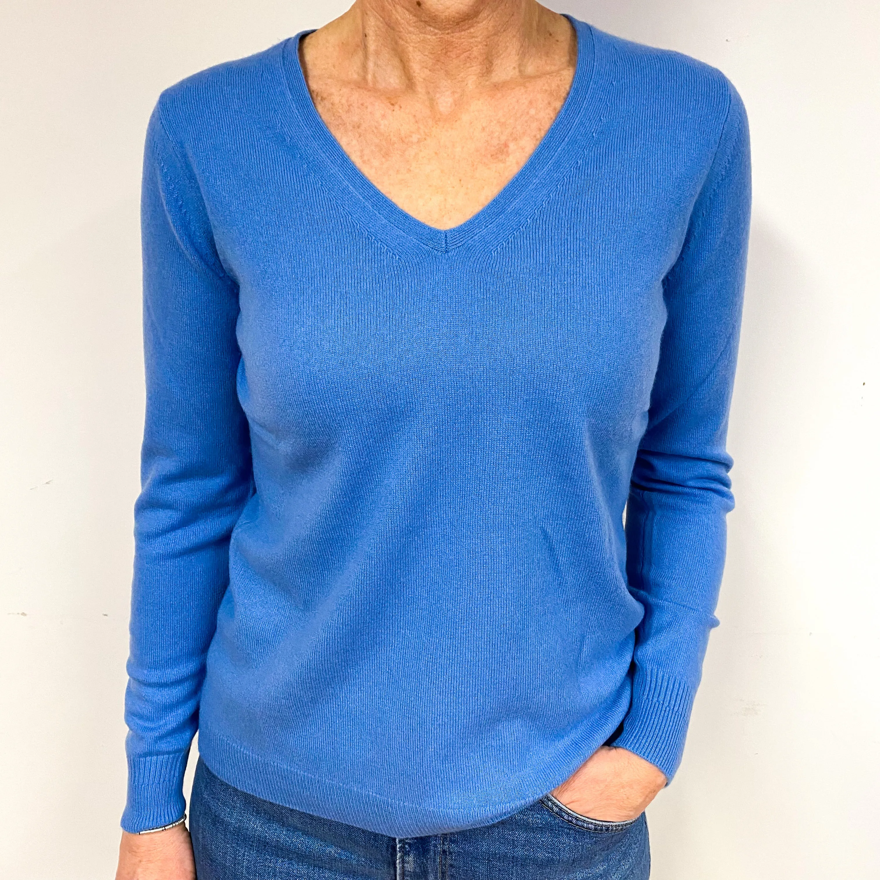 New Cornflower Blue Cashmere V-Neck Jumper Medium