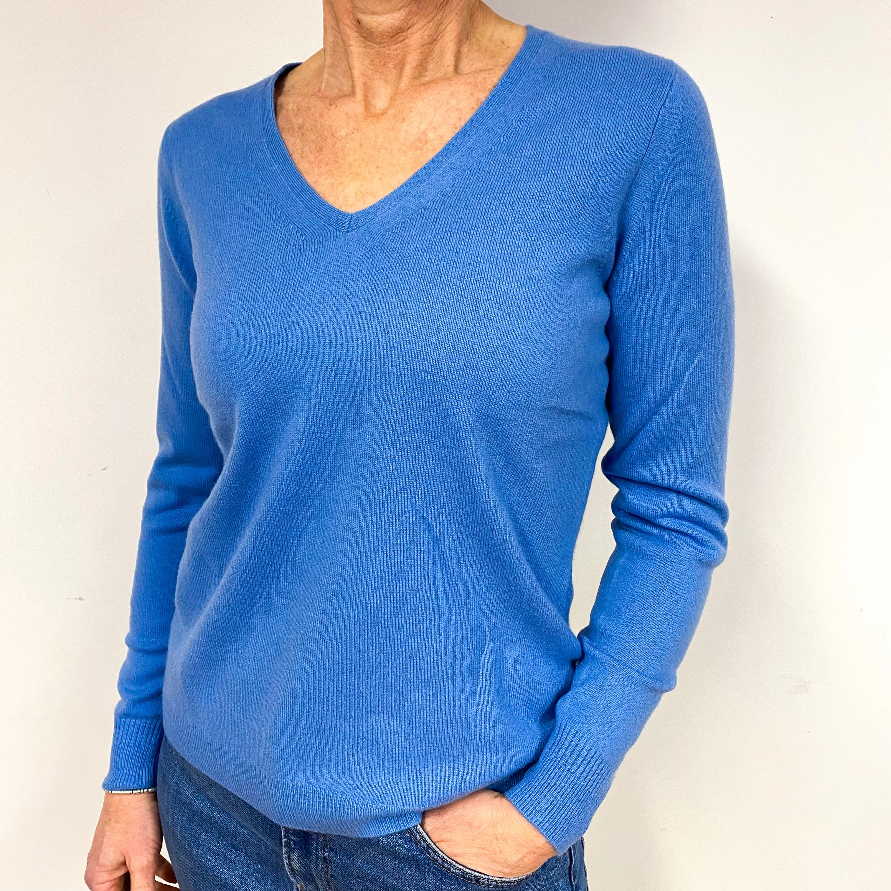 New Cornflower Blue Cashmere V-Neck Jumper Medium