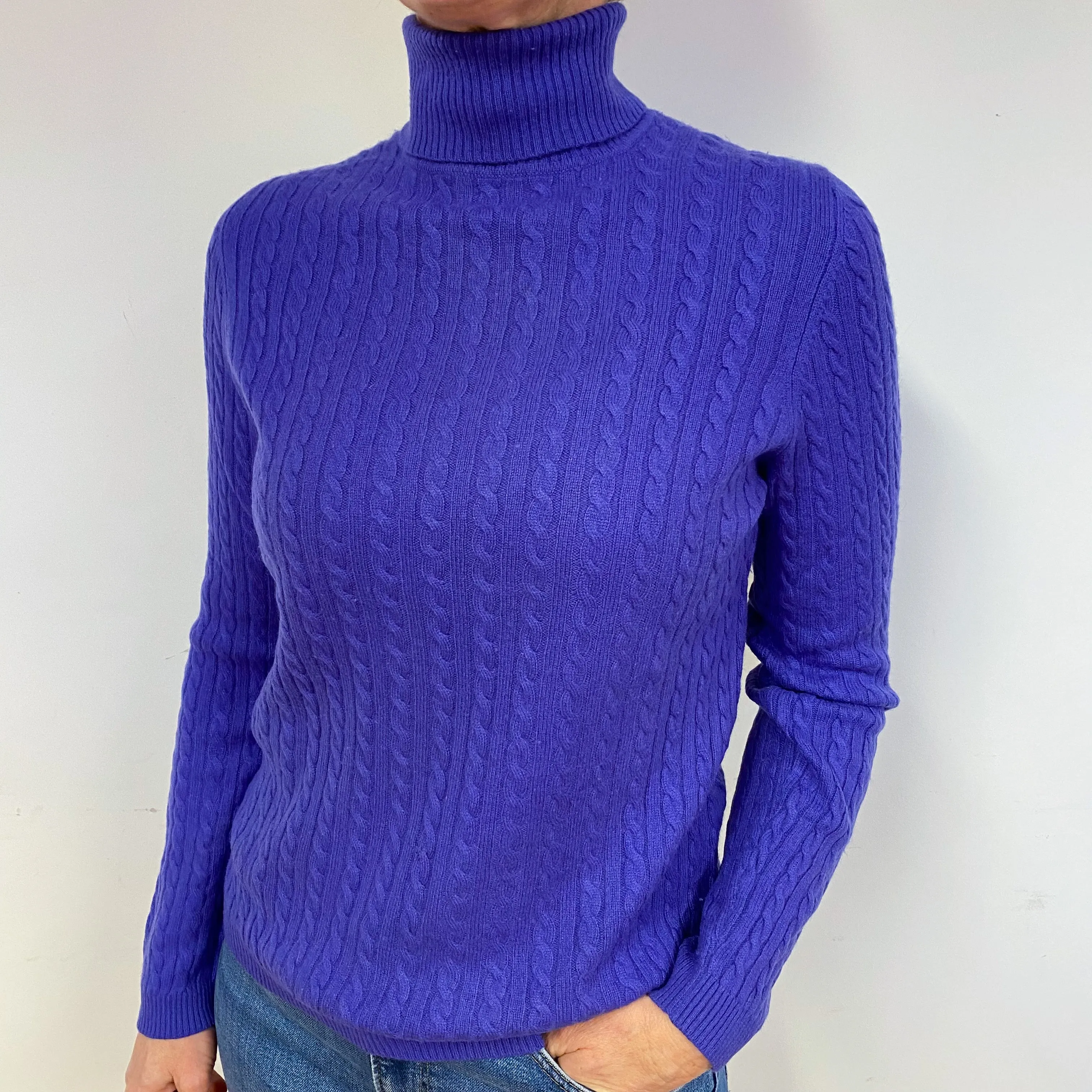 Pansy Purple Cable Cashmere Polo Neck Jumper Medium