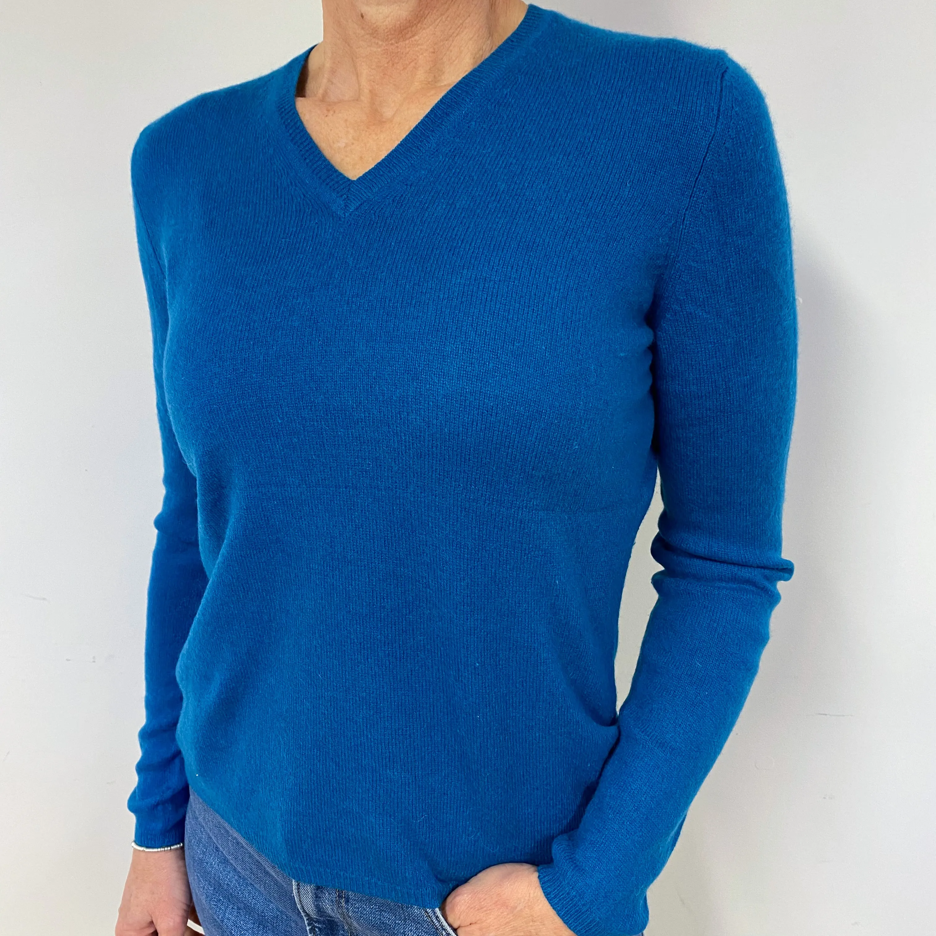 Peacock Blue Cashmere Cashmere V-Neck Jumper Medium
