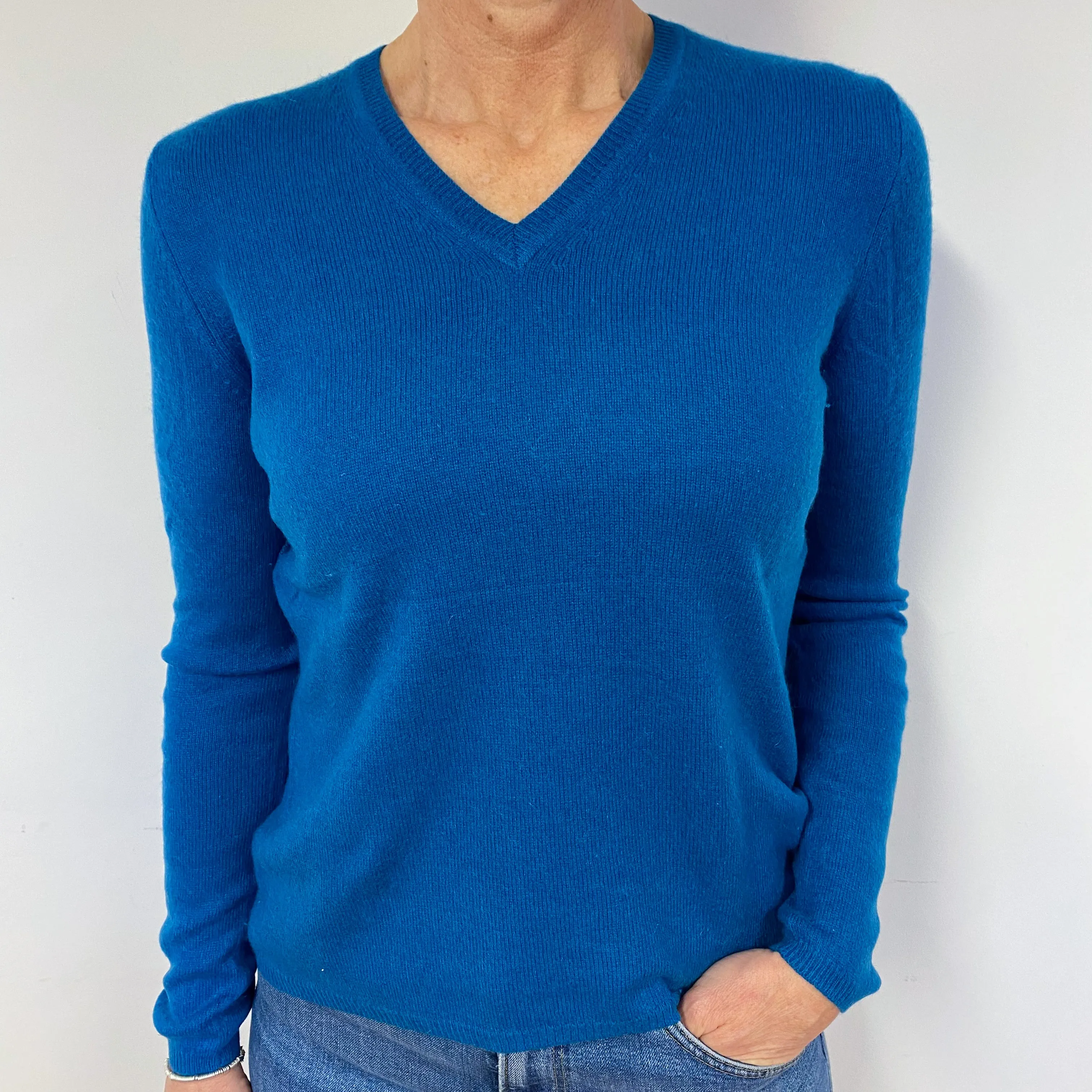 Peacock Blue Cashmere Cashmere V-Neck Jumper Medium