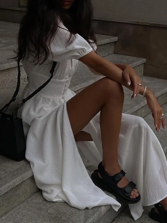 Puff Sleeve Slim Fit Slit Maxi Skirt