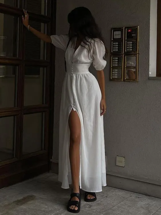Puff Sleeve Slim Fit Slit Maxi Skirt