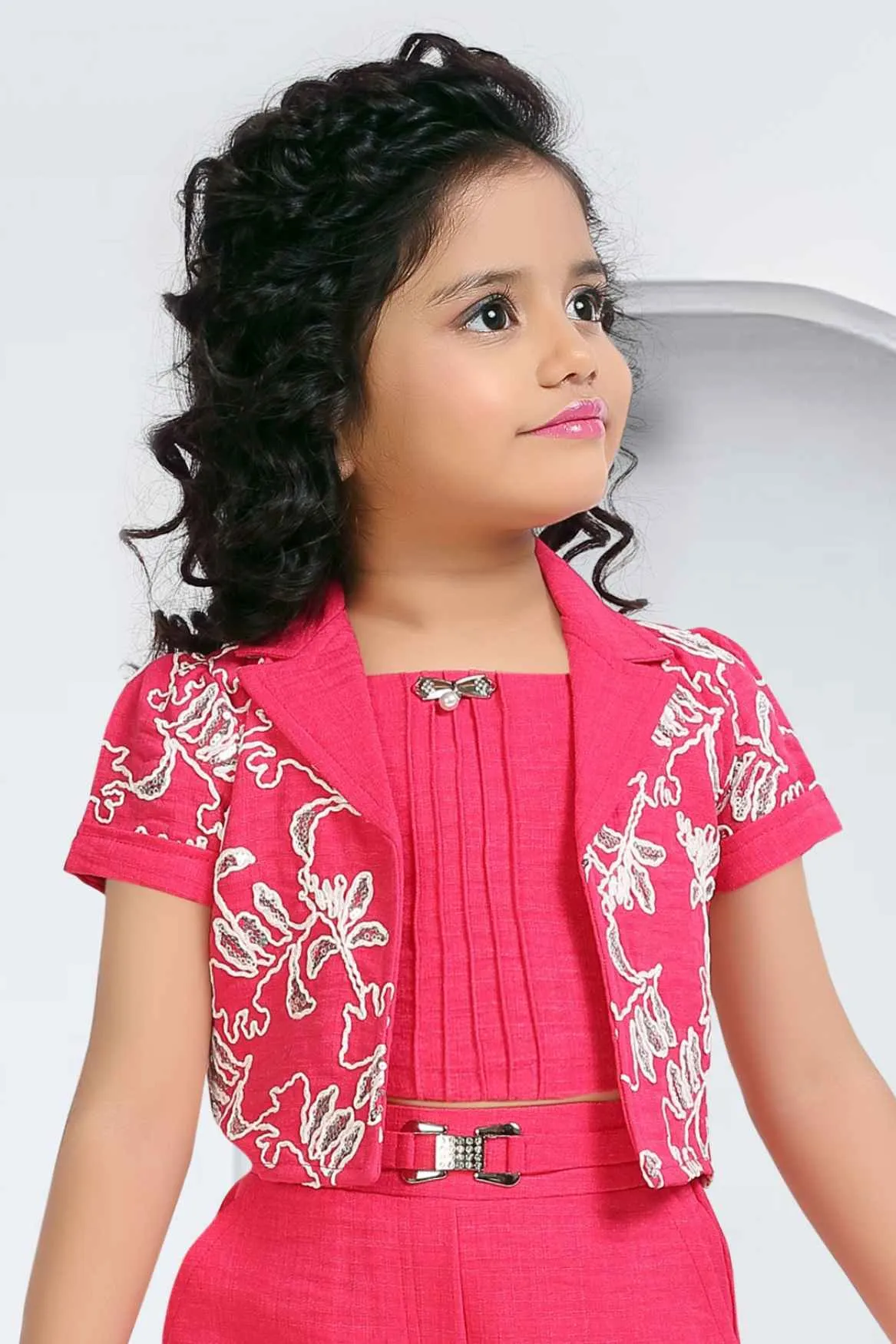 Rani Pink Top And 3/4th Shorts Set With Sequins Work Overcoat And Sling Bag For Girls