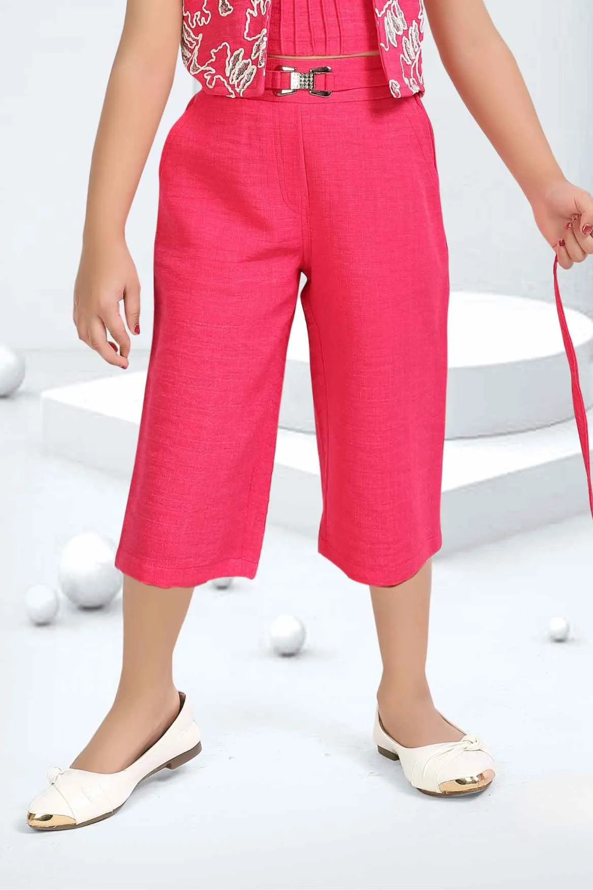 Rani Pink Top And 3/4th Shorts Set With Sequins Work Overcoat And Sling Bag For Girls
