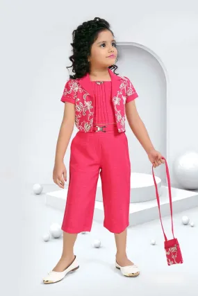 Rani Pink Top And 3/4th Shorts Set With Sequins Work Overcoat And Sling Bag For Girls