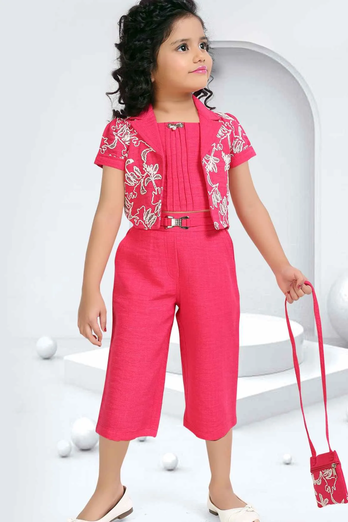 Rani Pink Top And 3/4th Shorts Set With Sequins Work Overcoat And Sling Bag For Girls