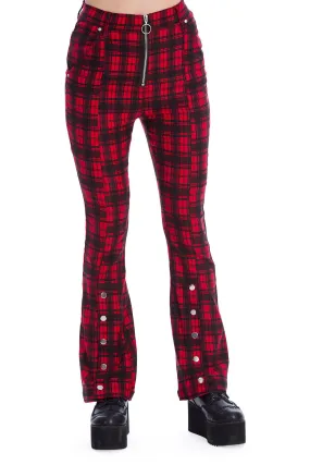 Red Plaid Flared Leg Zippered Pants