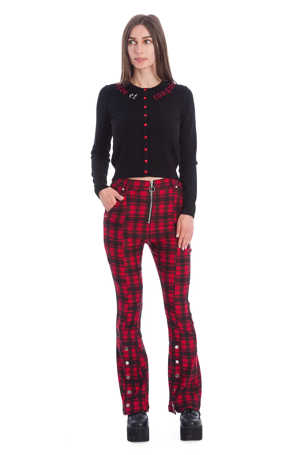 Red Plaid Flared Leg Zippered Pants