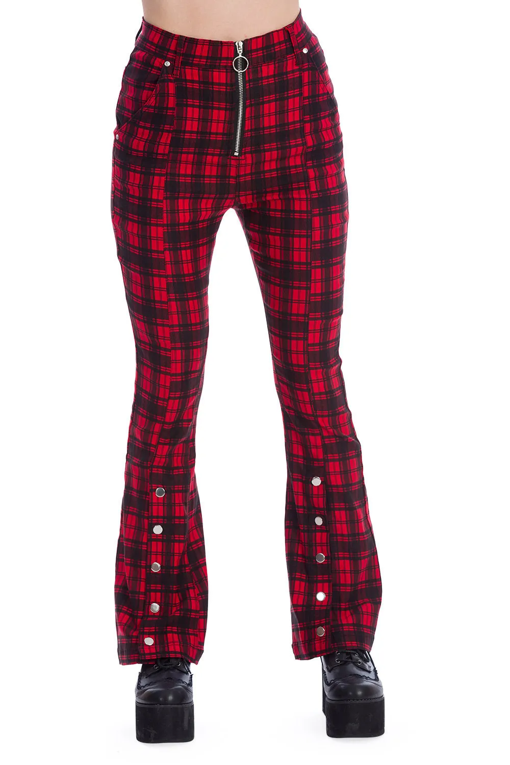 Red Plaid Flared Leg Zippered Pants