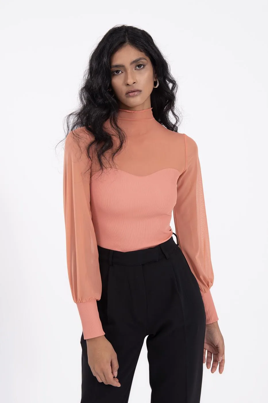 Salmon Balloon Sleeve Transparent Detailed Blouse