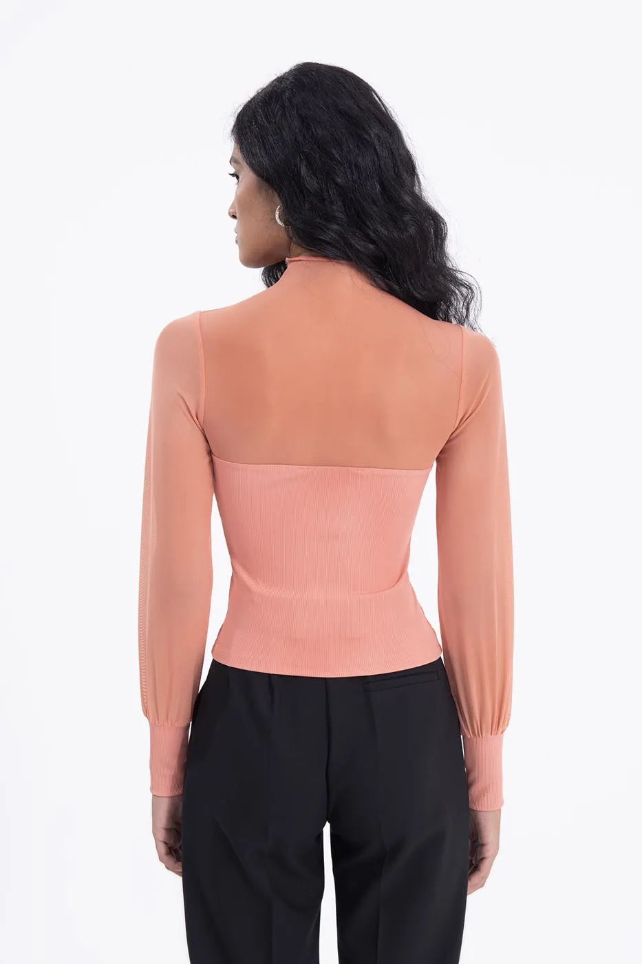Salmon Balloon Sleeve Transparent Detailed Blouse
