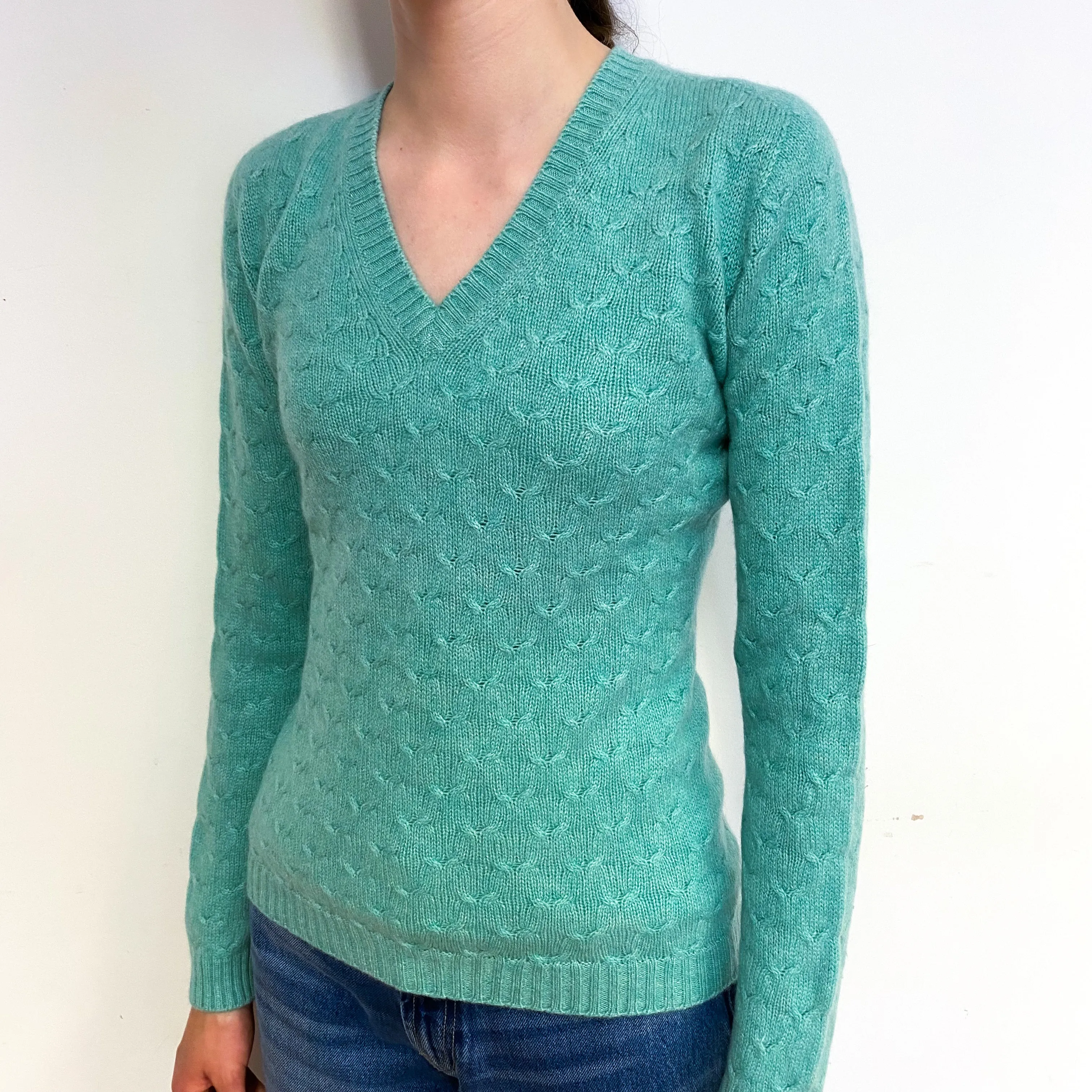 Scottish Estuary Green Cashmere V-Neck Jumper Extra Small