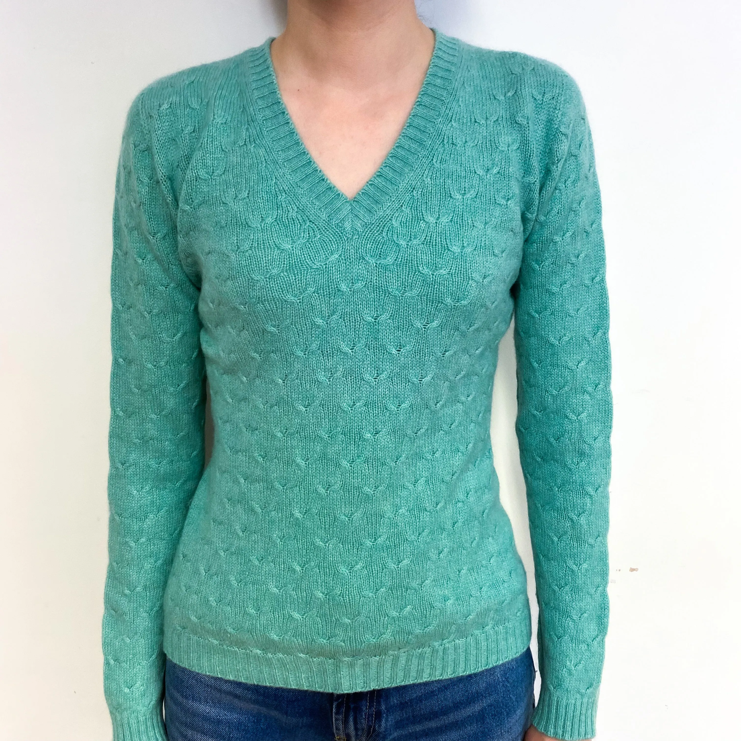 Scottish Estuary Green Cashmere V-Neck Jumper Extra Small