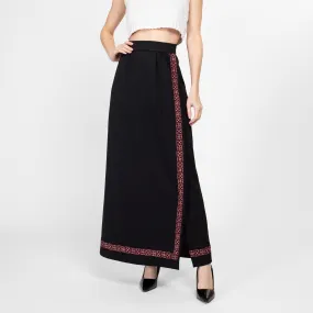 Small 70s Black Embroidered Maxi Wrap Skirt 26.5"