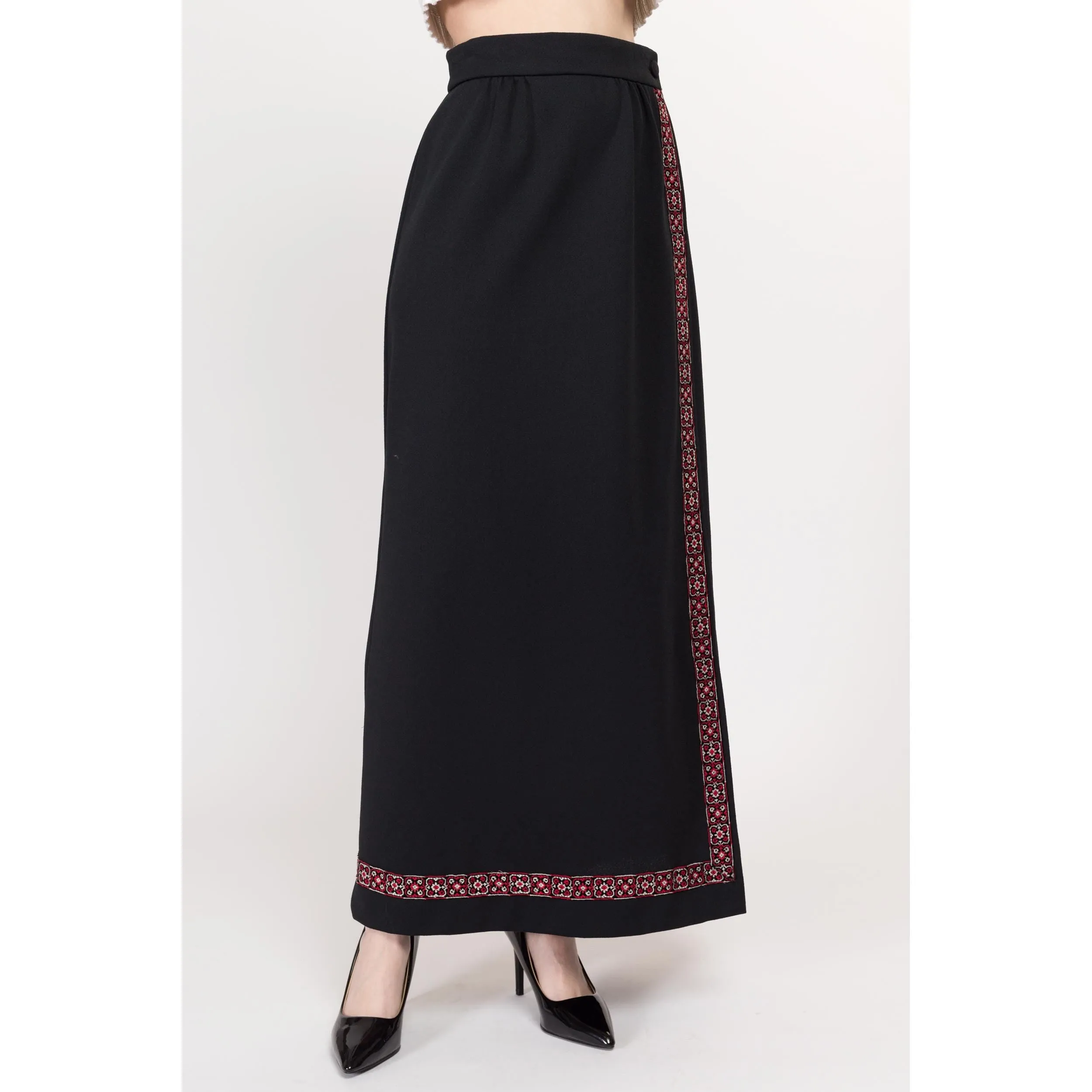 Small 70s Black Embroidered Maxi Wrap Skirt 26.5"