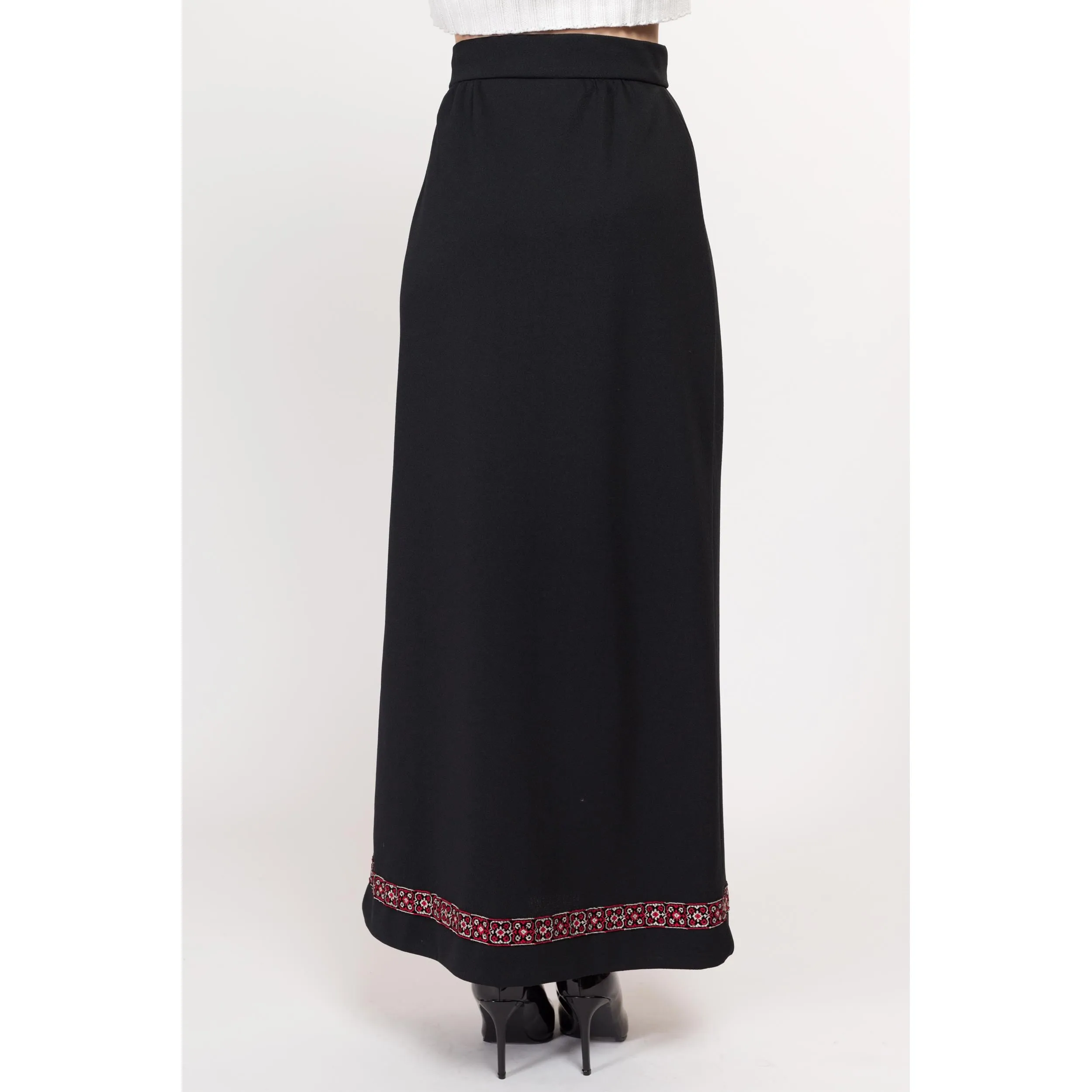 Small 70s Black Embroidered Maxi Wrap Skirt 26.5"