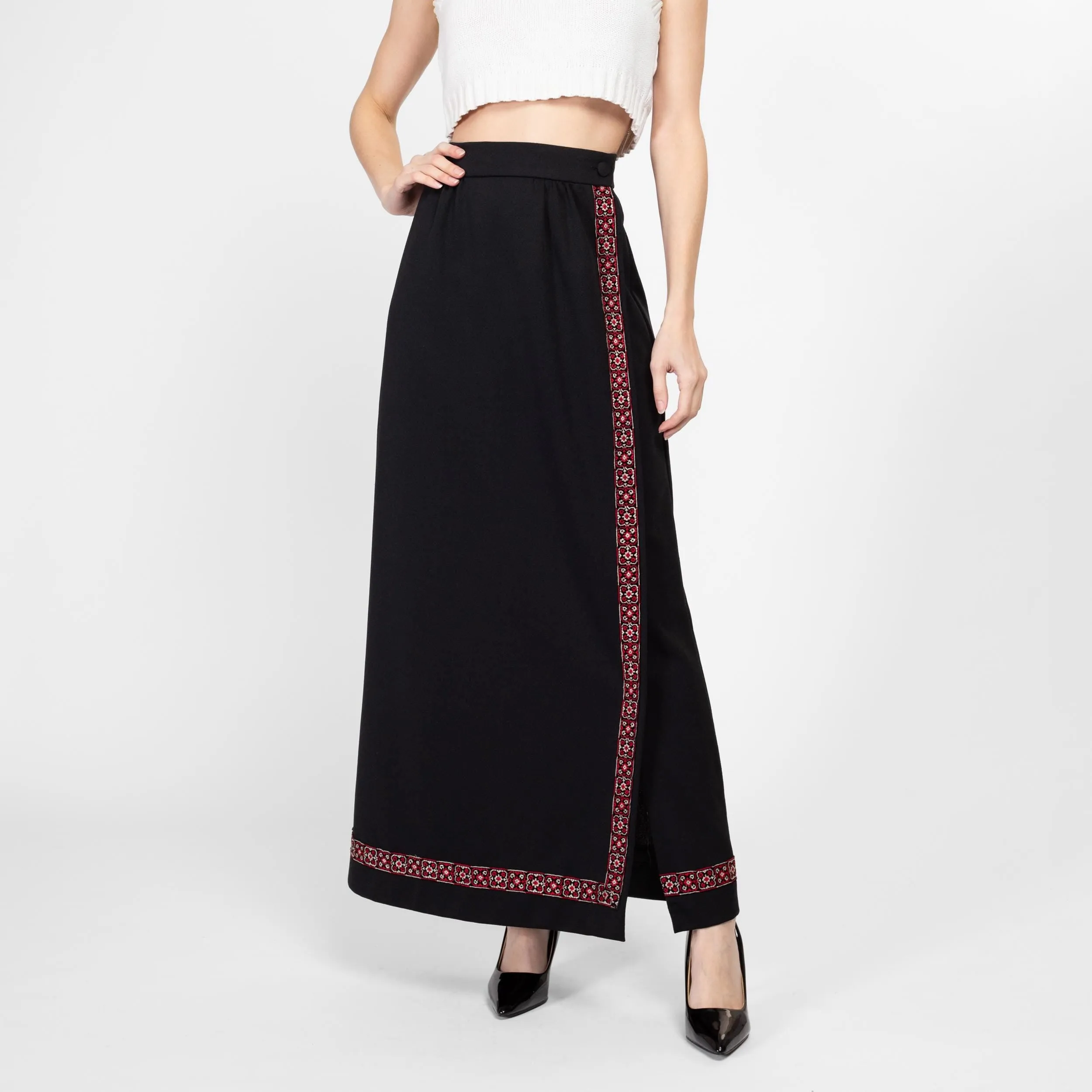 Small 70s Black Embroidered Maxi Wrap Skirt 26.5"
