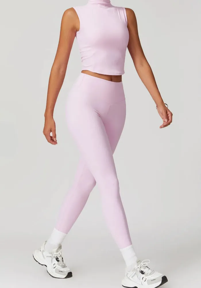 Solid Color Stretchy Turtleneck Sleevless Top And High Waisted Legging Set