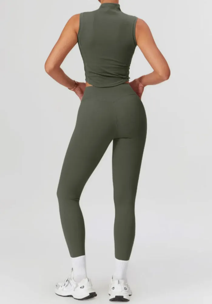 Solid Color Stretchy Turtleneck Sleevless Top And High Waisted Legging Set