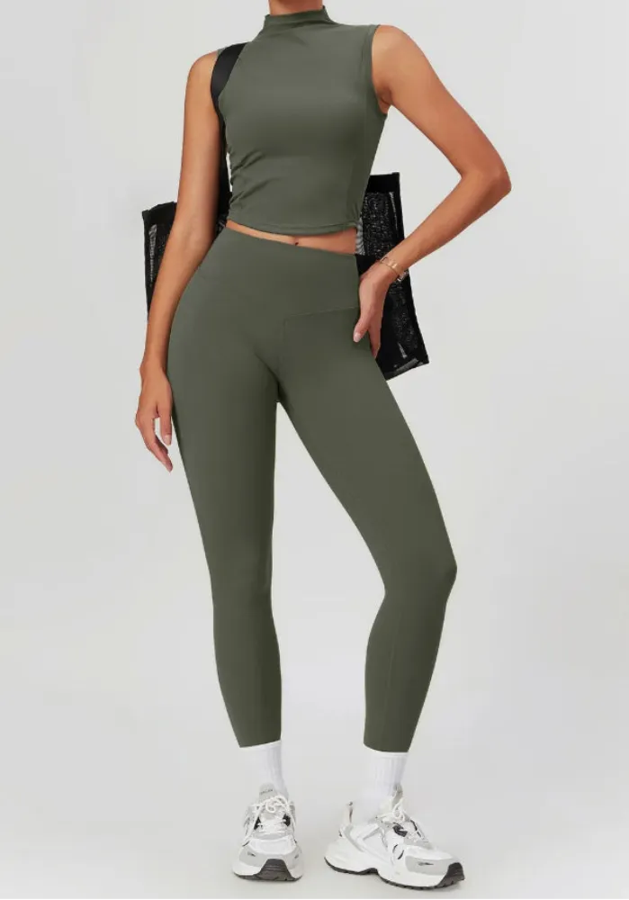 Solid Color Stretchy Turtleneck Sleevless Top And High Waisted Legging Set