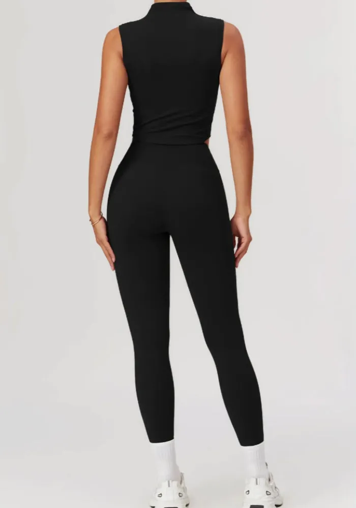 Solid Color Stretchy Turtleneck Sleevless Top And High Waisted Legging Set