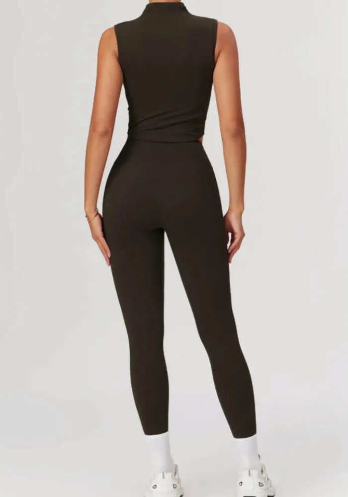 Solid Color Stretchy Turtleneck Sleevless Top And High Waisted Legging Set