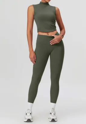 Solid Color Stretchy Turtleneck Sleevless Top And High Waisted Legging Set