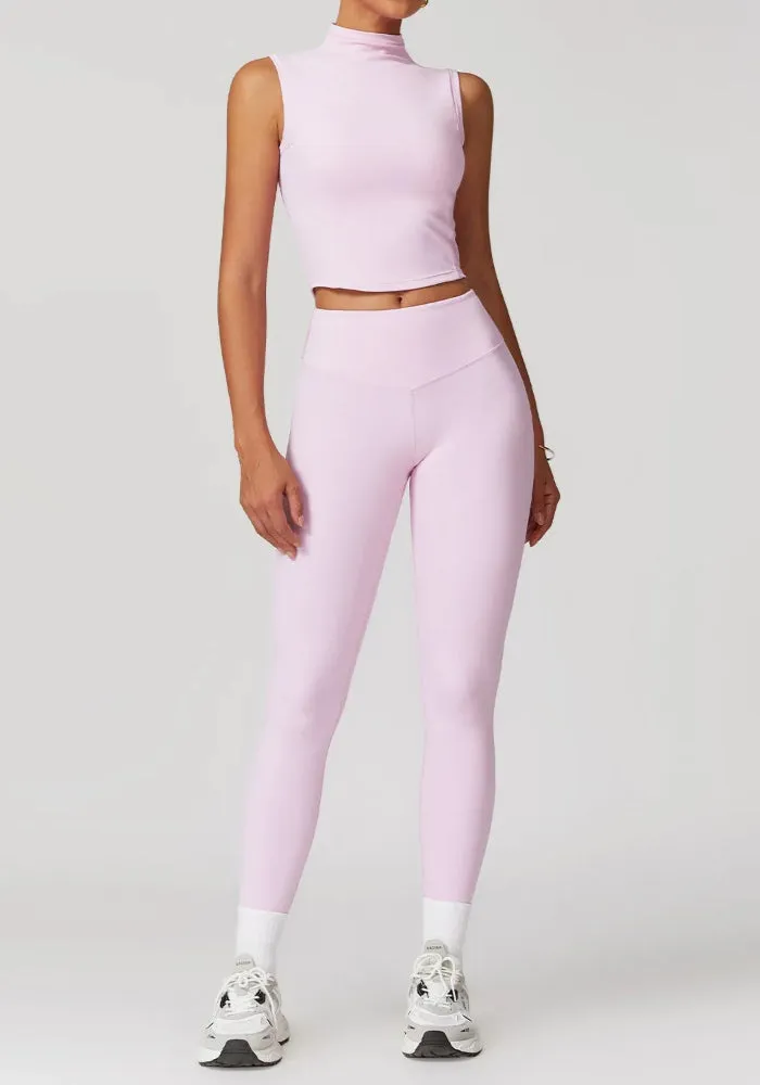 Solid Color Stretchy Turtleneck Sleevless Top And High Waisted Legging Set