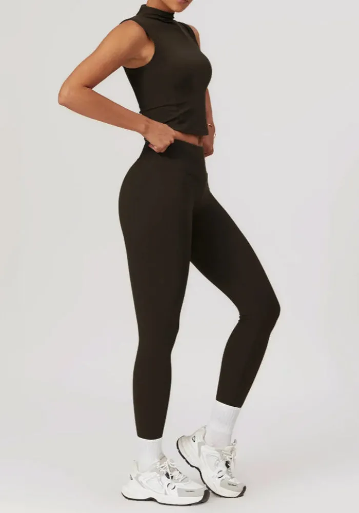 Solid Color Stretchy Turtleneck Sleevless Top And High Waisted Legging Set