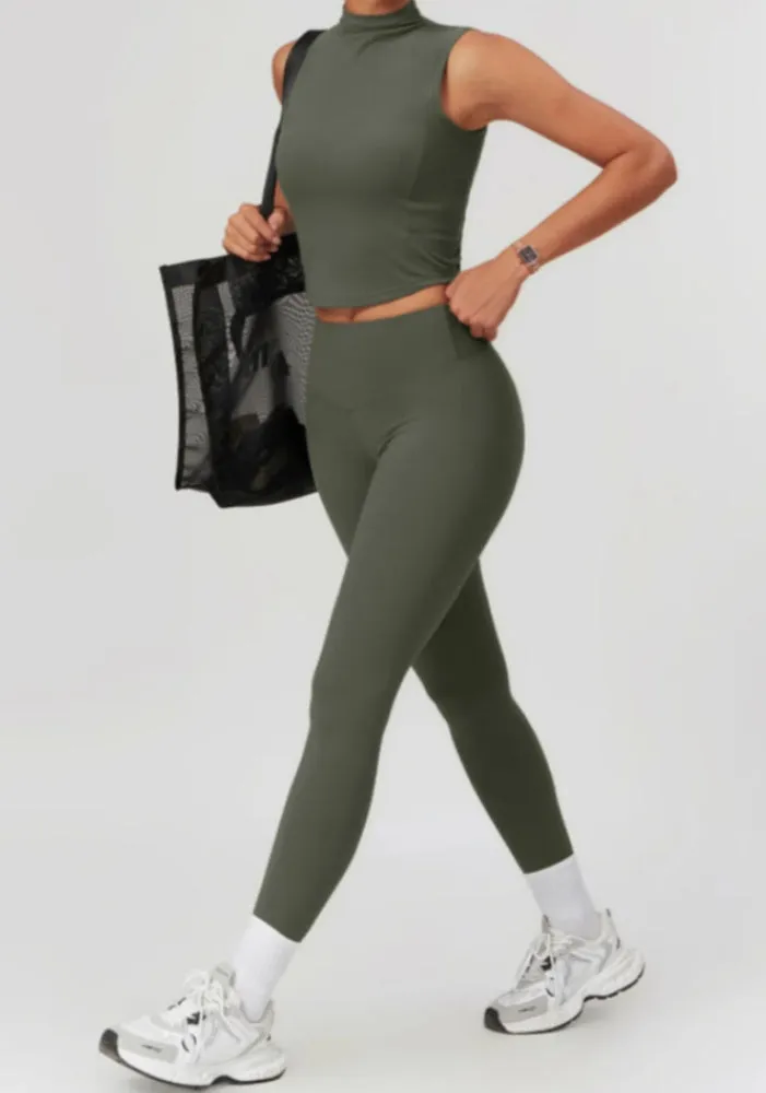 Solid Color Stretchy Turtleneck Sleevless Top And High Waisted Legging Set