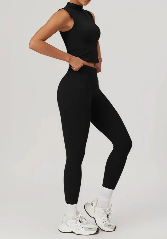Solid Color Stretchy Turtleneck Sleevless Top And High Waisted Legging Set