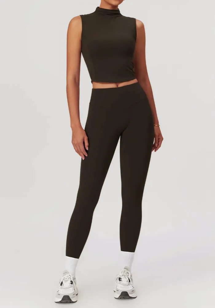 Solid Color Stretchy Turtleneck Sleevless Top And High Waisted Legging Set