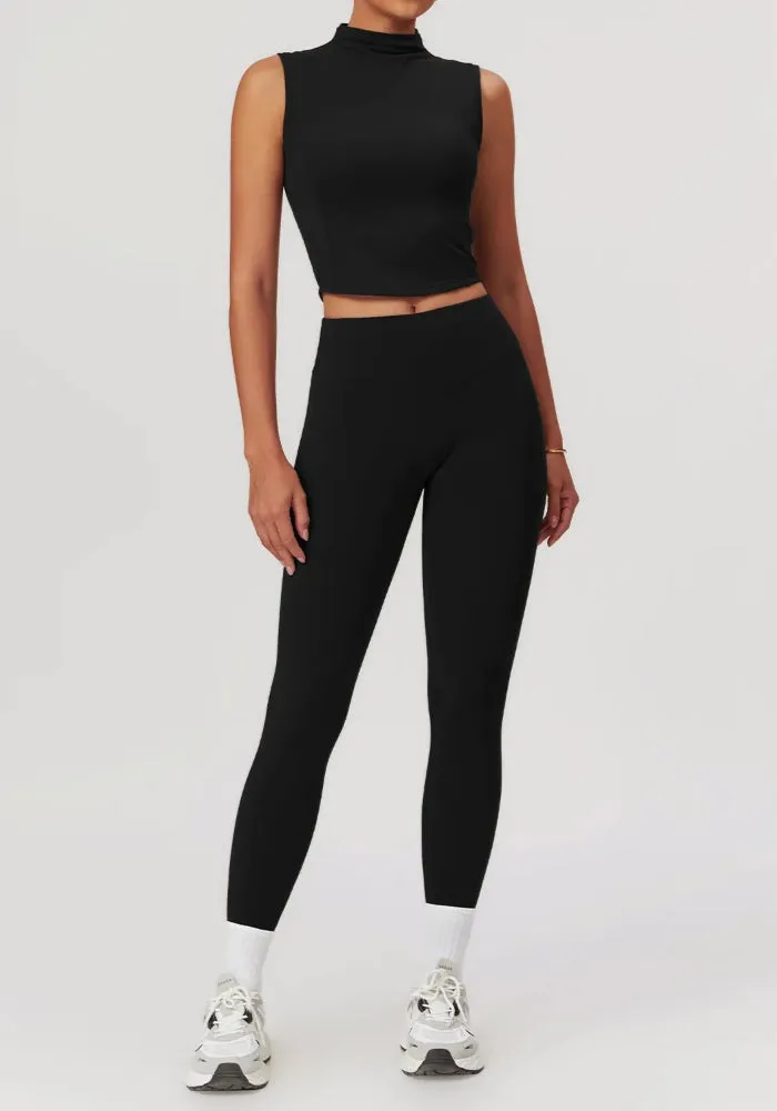 Solid Color Stretchy Turtleneck Sleevless Top And High Waisted Legging Set
