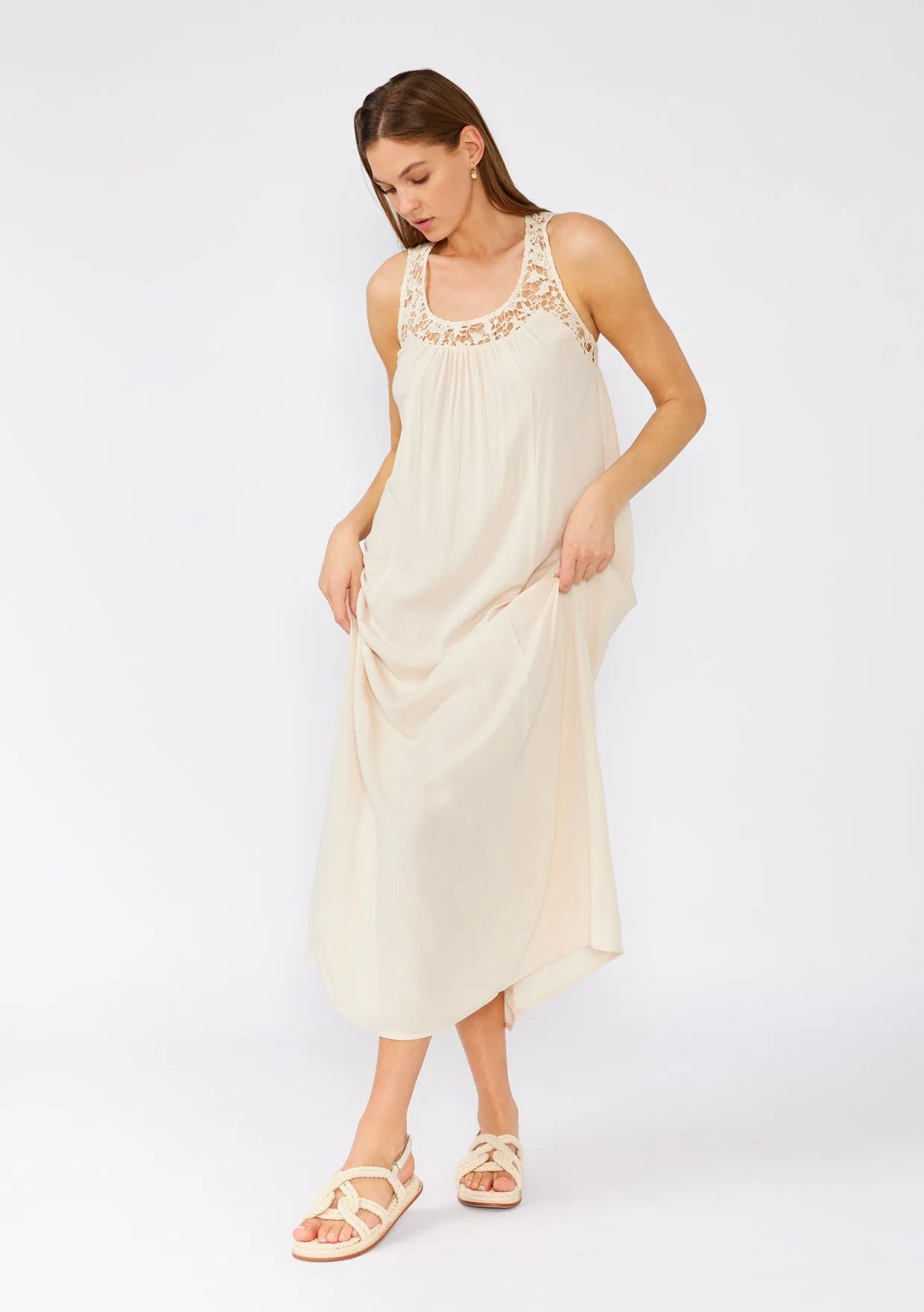 Solid Crochet Lace Sleeveless Maxi Dress