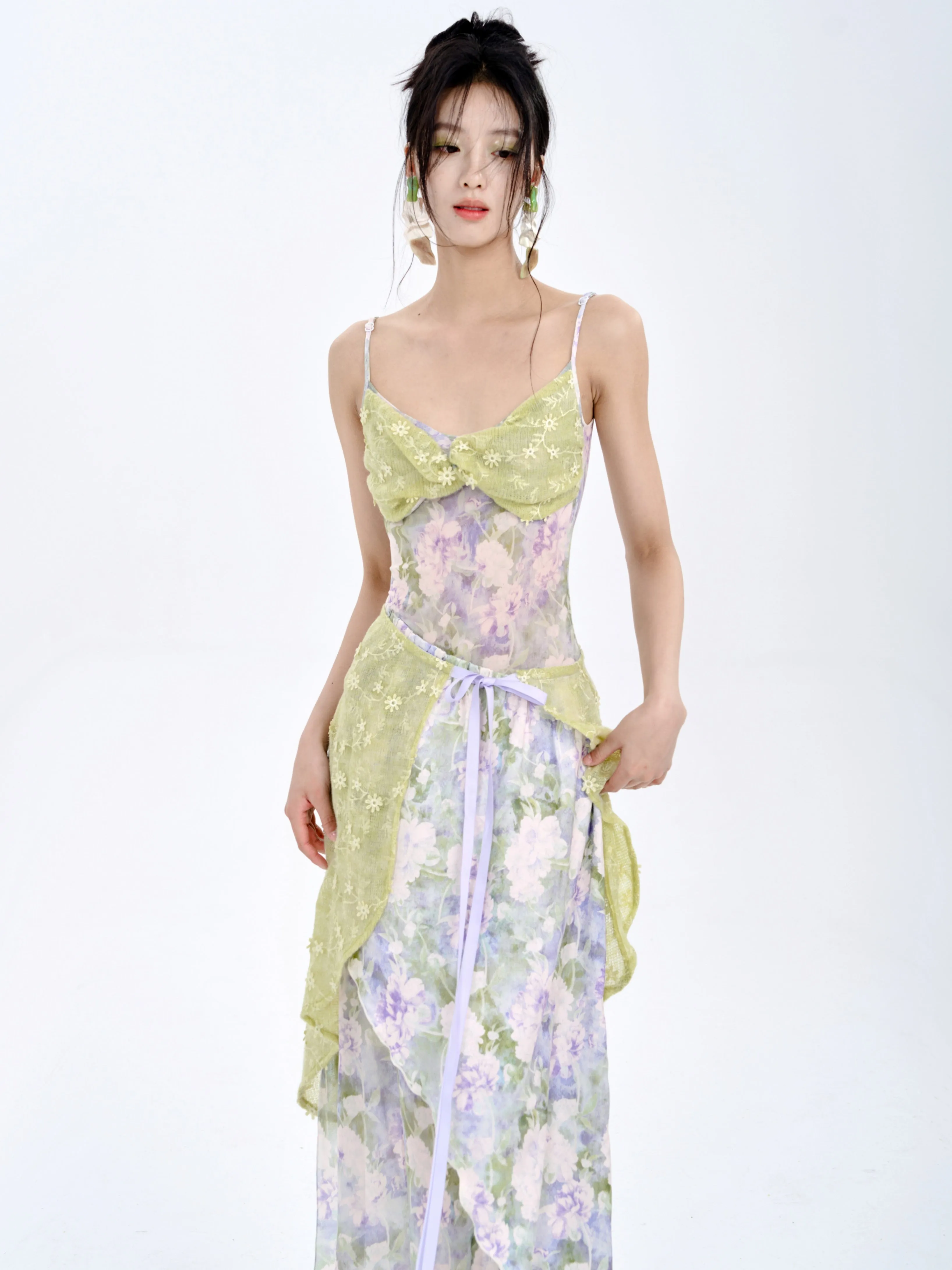 Stitching Tube Top Suspender Floral Dress & Wrap Skirt