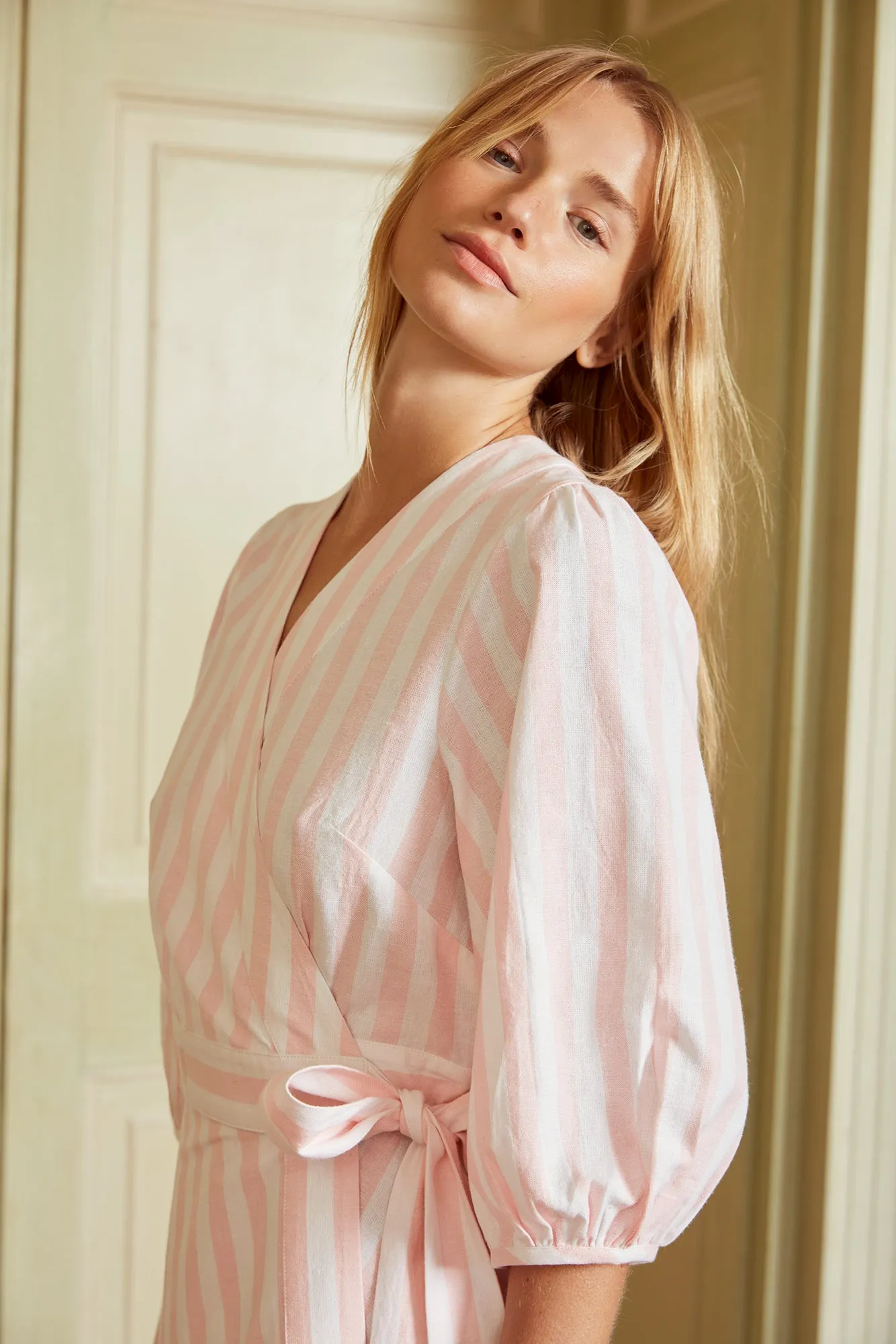 THE BORDER WRAP DRESS | Pink & White Stripe