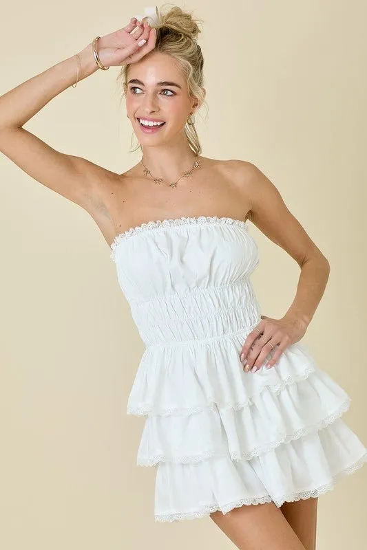 The Wendy Romper: White Lace Trimmed Strapless Tiered Mini Dress Romper