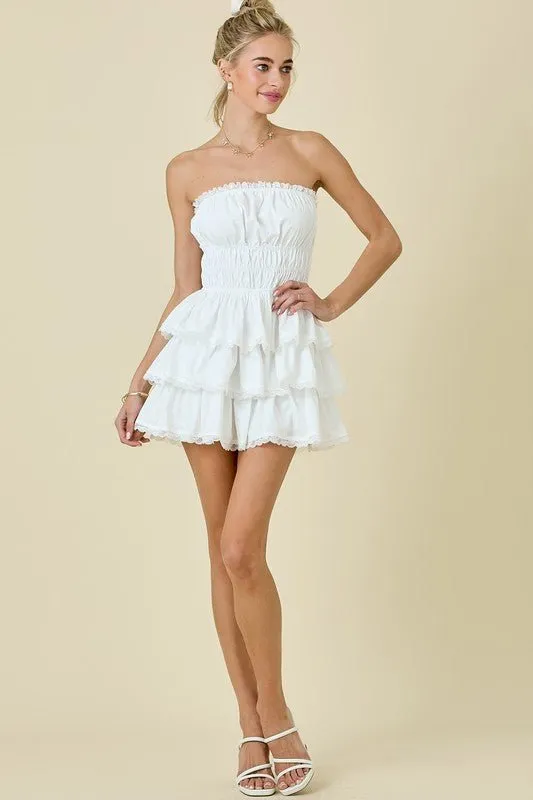 The Wendy Romper: White Lace Trimmed Strapless Tiered Mini Dress Romper